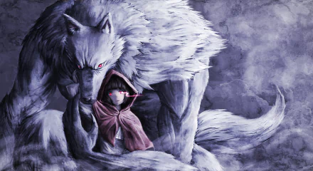 HD fantasy wallpaper of a child in a red hooded cloak alongside a large white wolf with red eyes, inspired by Red Riding Hood.