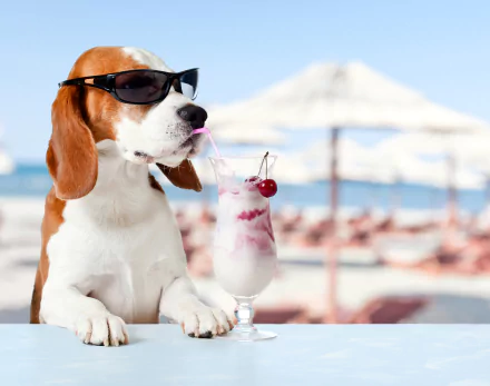 A beagle wearing sunglasses sips a cherry-topped ice cream drink against a sunlit summer beach backdrop with blurred umbrellas, captured in 4K Ultra HD.