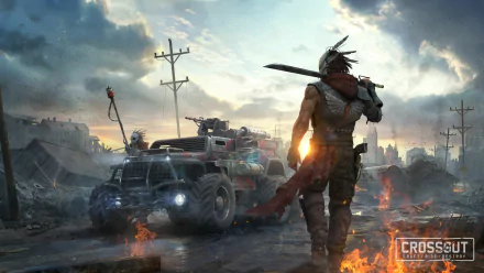 A high-definition desktop wallpaper featuring a post-apocalyptic scene from the video game Crossout, showcasing a heavily armed vehicle and a character holding a sword in a desolate, fiery landscape.