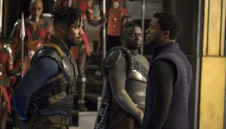Chadwick Boseman as Black Panther confronting Michael B. Jordan's character in a scene from the Black Panther movie, HD desktop wallpaper and background.
