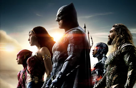 HD desktop wallpaper featuring characters from Justice League (2017): Flash, Wonder Woman, Batman, Cyborg, and Aquaman. Characters include Barry Allen, Diana Prince, Ray Fisher, and Jason Momoa.