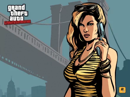 HD PC desktop wallpaper for the video game Grand Theft Auto: Liberty City Stories — stylized female character holding a gun with a bridge skyline silhouette behind her