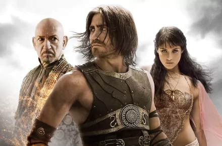 HD desktop wallpaper featuring Gemma Arterton and Jake Gyllenhaal from the movie Prince of Persia: The Sands of Time in a dramatic pose.