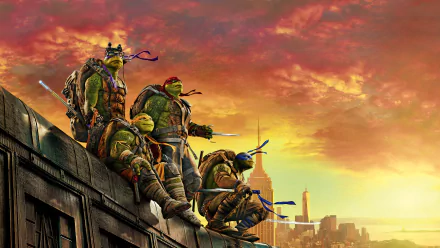 Leonardo, Donatello, Michelangelo, and Raphael from Teenage Mutant Ninja Turtles: Out of the Shadows stand on a rooftop at sunset in this HD desktop wallpaper and background.