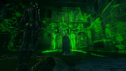4K Ultra HD PC desktop wallpaper from the video game Batman: Arkham Knight — Batman stands in a green-hazed Gotham courtyard, facing Catwoman's silhouette amid neon Riddler markings.