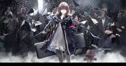 Anime HD PC desktop wallpaper and background — Pixiv Fantasia Fallen Kings: lone girl in a dark coat carrying a large case amid falling snow and drifting papers.