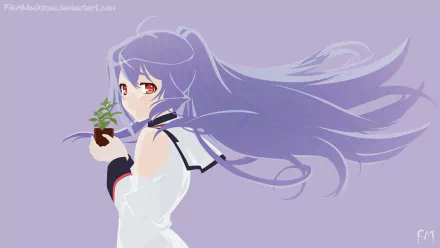 HD wallpaper featuring Isla from the anime Plastic Memories. Isla is depicted holding a small plant against a light purple background, with her long hair flowing freely.