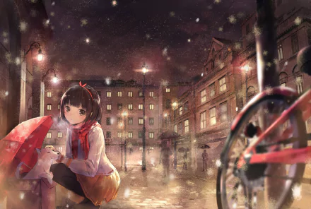 A serene winter night scene featuring a girl with short black hair and a red scarf, holding an umbrella beside a bicycle, illuminated by street lights in an anime style.