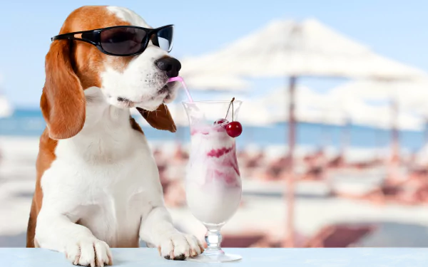 A beagle wearing sunglasses sips a cherry-topped ice cream drink against a sunlit summer beach backdrop with blurred umbrellas, captured in 4K Ultra HD.