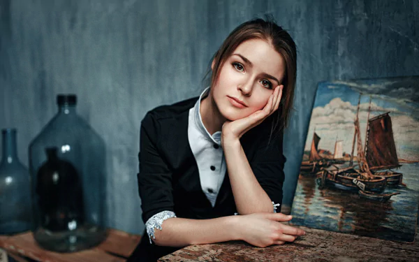 painting brown eyes brunette Vasilisa Sarovskaya woman model HD Desktop Wallpaper | Background Image