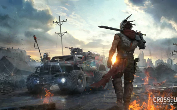 A high-definition desktop wallpaper featuring a post-apocalyptic scene from the video game Crossout, showcasing a heavily armed vehicle and a character holding a sword in a desolate, fiery landscape.