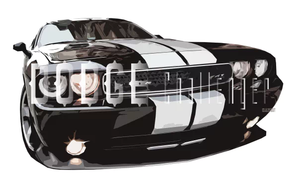 HD desktop wallpaper of a black Dodge Challenger SRT8 with white racing stripes, showcasing the front and side profile of the car.