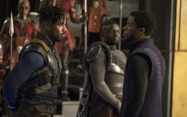 Chadwick Boseman as Black Panther confronting Michael B. Jordan's character in a scene from the Black Panther movie, HD desktop wallpaper and background.