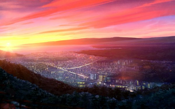 Anime City Hill Mountain Sunset Light Building Sky Cloud HD Wallpaper | Background Image