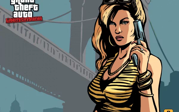 HD PC desktop wallpaper for the video game Grand Theft Auto: Liberty City Stories — stylized female character holding a gun with a bridge skyline silhouette behind her