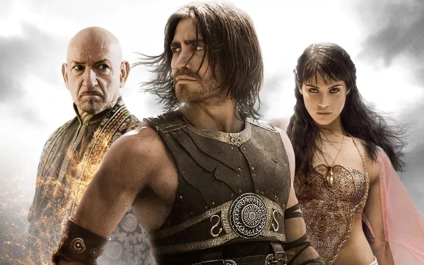 HD desktop wallpaper featuring Gemma Arterton and Jake Gyllenhaal from the movie Prince of Persia: The Sands of Time in a dramatic pose.