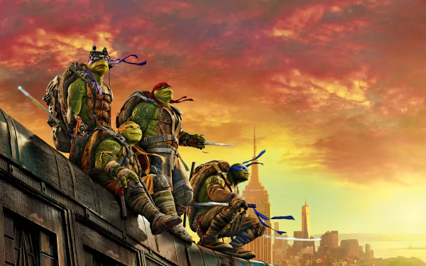 Leonardo, Donatello, Michelangelo, and Raphael from Teenage Mutant Ninja Turtles: Out of the Shadows stand on a rooftop at sunset in this HD desktop wallpaper and background.