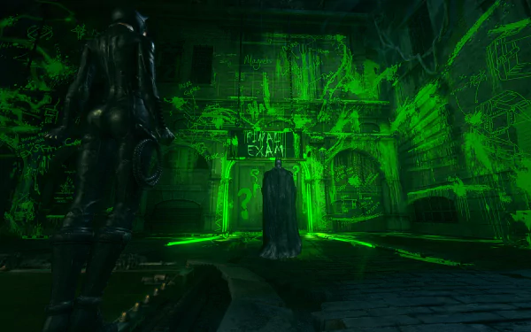 4K Ultra HD PC desktop wallpaper from the video game Batman: Arkham Knight — Batman stands in a green-hazed Gotham courtyard, facing Catwoman's silhouette amid neon Riddler markings.
