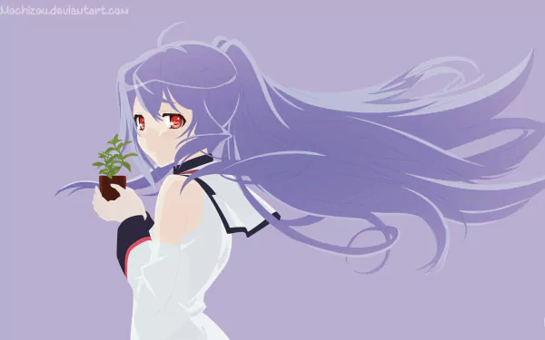 HD wallpaper featuring Isla from the anime Plastic Memories. Isla is depicted holding a small plant against a light purple background, with her long hair flowing freely.