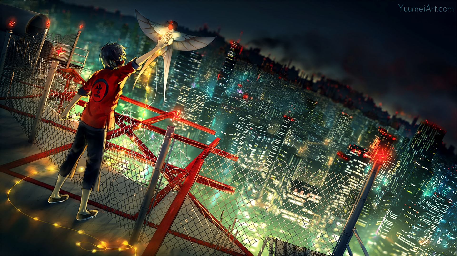 HD anime original artwork depicting a character holding a glowing bird atop a rooftop overlooking a vibrant, illuminated cityscape at night, used as a PC desktop wallpaper.