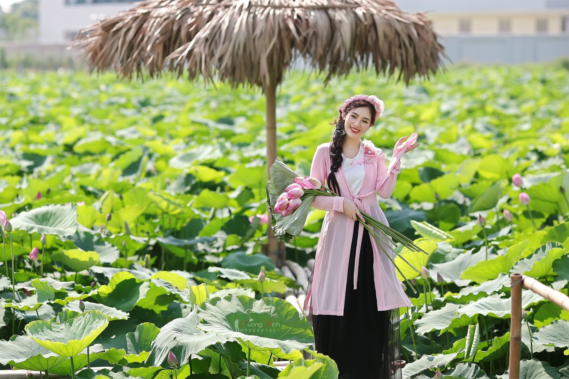 An Asian woman with black hair braided smiles while holding lotus flowers in a lush green lotus field under a thatched umbrella, captured in HD for a desktop wallpaper.