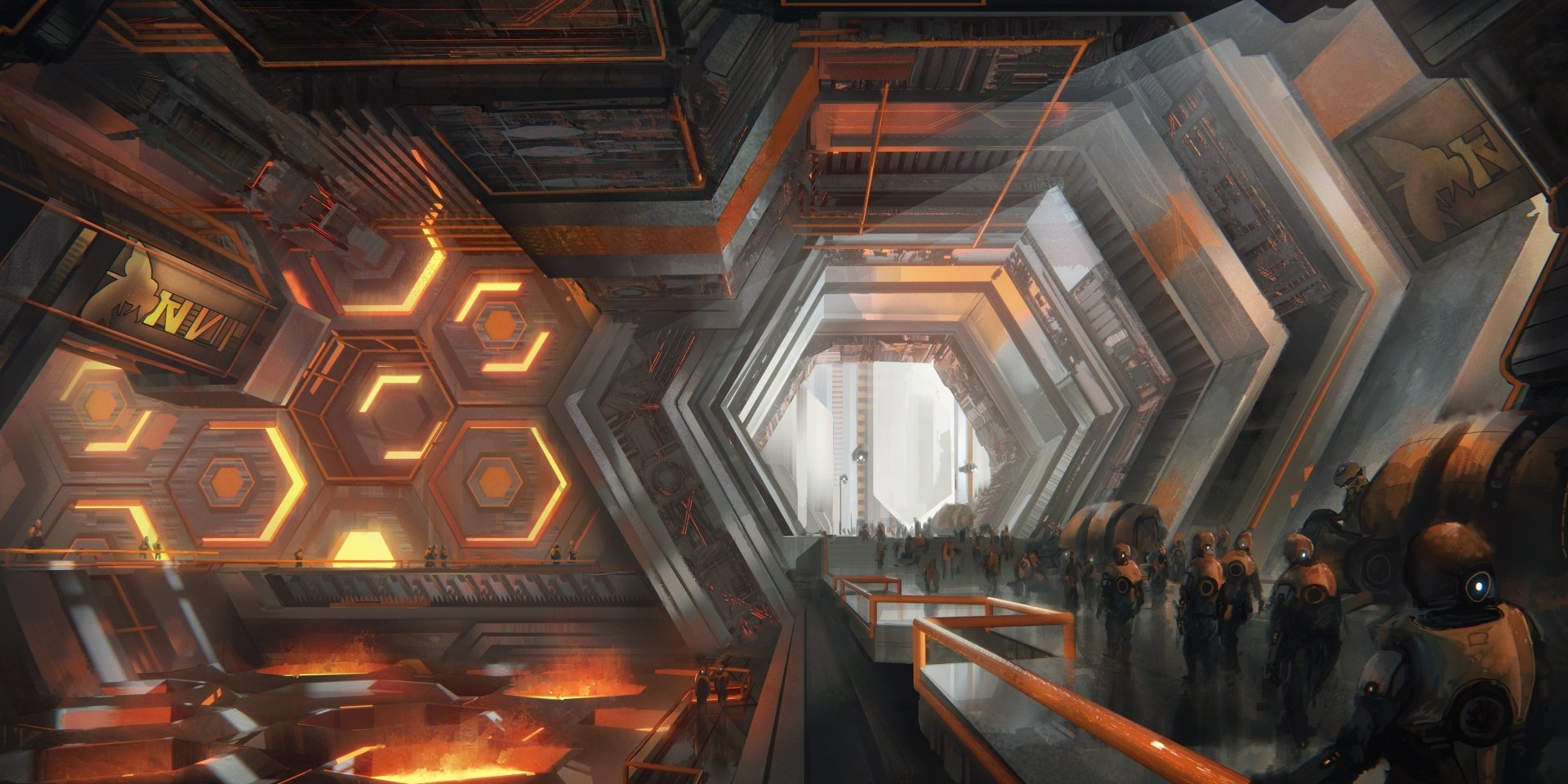 A futuristic sci-fi space station with people and a robot in a hexagonal corridor, illuminated by glowing orange lights. High-definition desktop wallpaper and background.