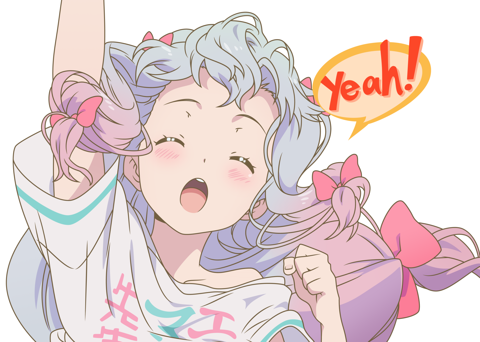 HD desktop wallpaper of Sagiri Izumi from the anime EroManga-Sensei, featuring her excitedly shouting Yeah! with pink ribbons in her hair.