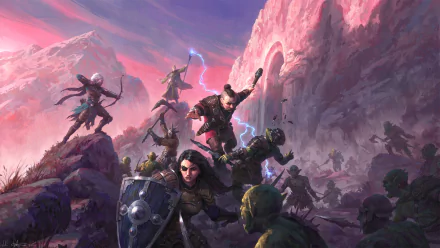 HD fantasy battle wallpaper featuring a warrior woman, dwarf, wizard, orc, and archers engaged in an epic clash beneath a glowing pink sky and mountainous landscape.