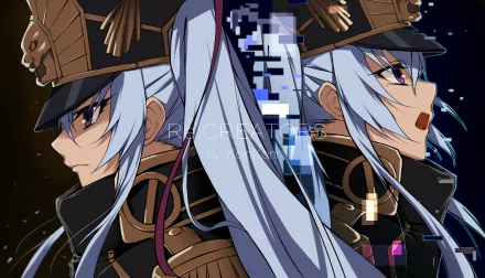 HD desktop wallpaper featuring characters from Re:Creators, showcasing two views of Gunpuku no Himegimi with her distinct uniform and long white hair.