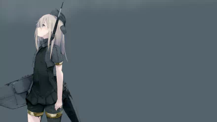 U-511 (Kancolle) from Kantai Collection: anime girl in dark naval gear with long gray hair and submarine equipment, posed left against a muted gray HD PC desktop wallpaper background.