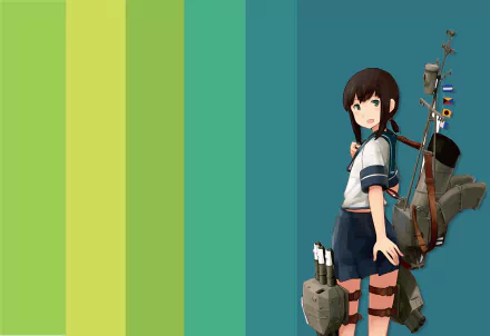 HD PC desktop wallpaper of Fubuki (Kancolle) from Kantai Collection — anime girl in a navy school uniform with ship rigging and turrets, posed against a teal-to-green striped background.