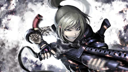 Anime-style original HD desktop wallpaper featuring a fierce character with a tattooed arm wielding a large military gun against a smoky background.