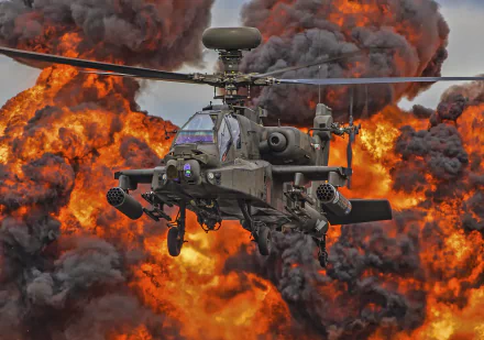 A Boeing AH-64 Apache helicopter hovers amidst a dramatic explosion, showcasing military power in this striking 4K Ultra HD desktop wallpaper.