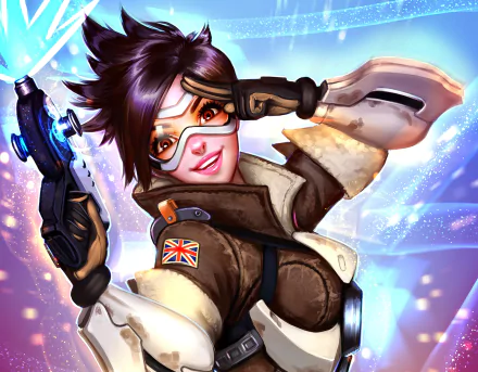 HD desktop wallpaper of Tracer from Overwatch, a brown-eyed, short-haired woman warrior smiling confidently, wearing goggles and holding her weapon.