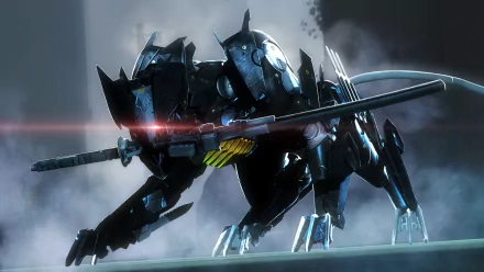 HD PC wallpaper of Blade Wolf, a robotic character wielding a sword from the video game Metal Gear Rising: Revengeance, depicted in a dynamic action pose.