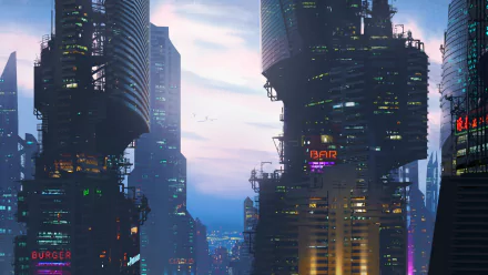 HD wallpaper of a cyberpunk cityscape featuring futuristic skyscrapers against a cloudy sky, illuminated with vibrant neon signs and creating a sci-fi atmosphere.