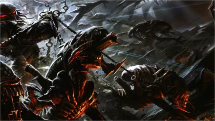 Intense battle scene from the video game Aliens vs. Predator, showcasing fierce aliens engaged in combat. A striking HD wallpaper featuring a dark, dynamic atmosphere.