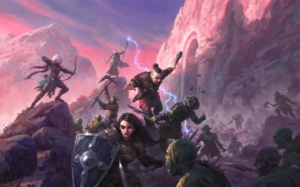 HD fantasy battle wallpaper featuring a warrior woman, dwarf, wizard, orc, and archers engaged in an epic clash beneath a glowing pink sky and mountainous landscape.