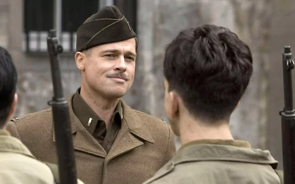 HD PC desktop wallpaper featuring a scene from the movie Inglourious Basterds with soldiers in uniform during a tense moment.