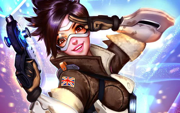 HD desktop wallpaper of Tracer from Overwatch, a brown-eyed, short-haired woman warrior smiling confidently, wearing goggles and holding her weapon.