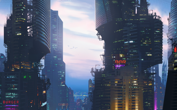 Ciencia ficción Ciudad Edificio Rascacielos Nube Cyberpunk Cityscape Fondo de pantalla HD | Fondo de Escritorio