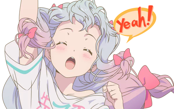 HD desktop wallpaper of Sagiri Izumi from the anime EroManga-Sensei, featuring her excitedly shouting Yeah! with pink ribbons in her hair.