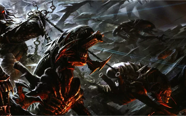 Intense battle scene from the video game Aliens vs. Predator, showcasing fierce aliens engaged in combat. A striking HD wallpaper featuring a dark, dynamic atmosphere.