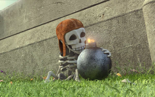 HD desktop wallpaper of a skeleton from Clash of Clans holding a bomb, set against a wall and grassy ground.