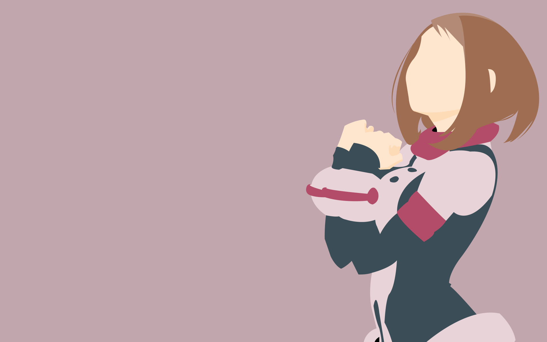 Minimalist 8K Ultra HD anime wallpaper featuring Ochaco Uraraka from My Hero Academia in a stylized, faceless design on a muted pink background.