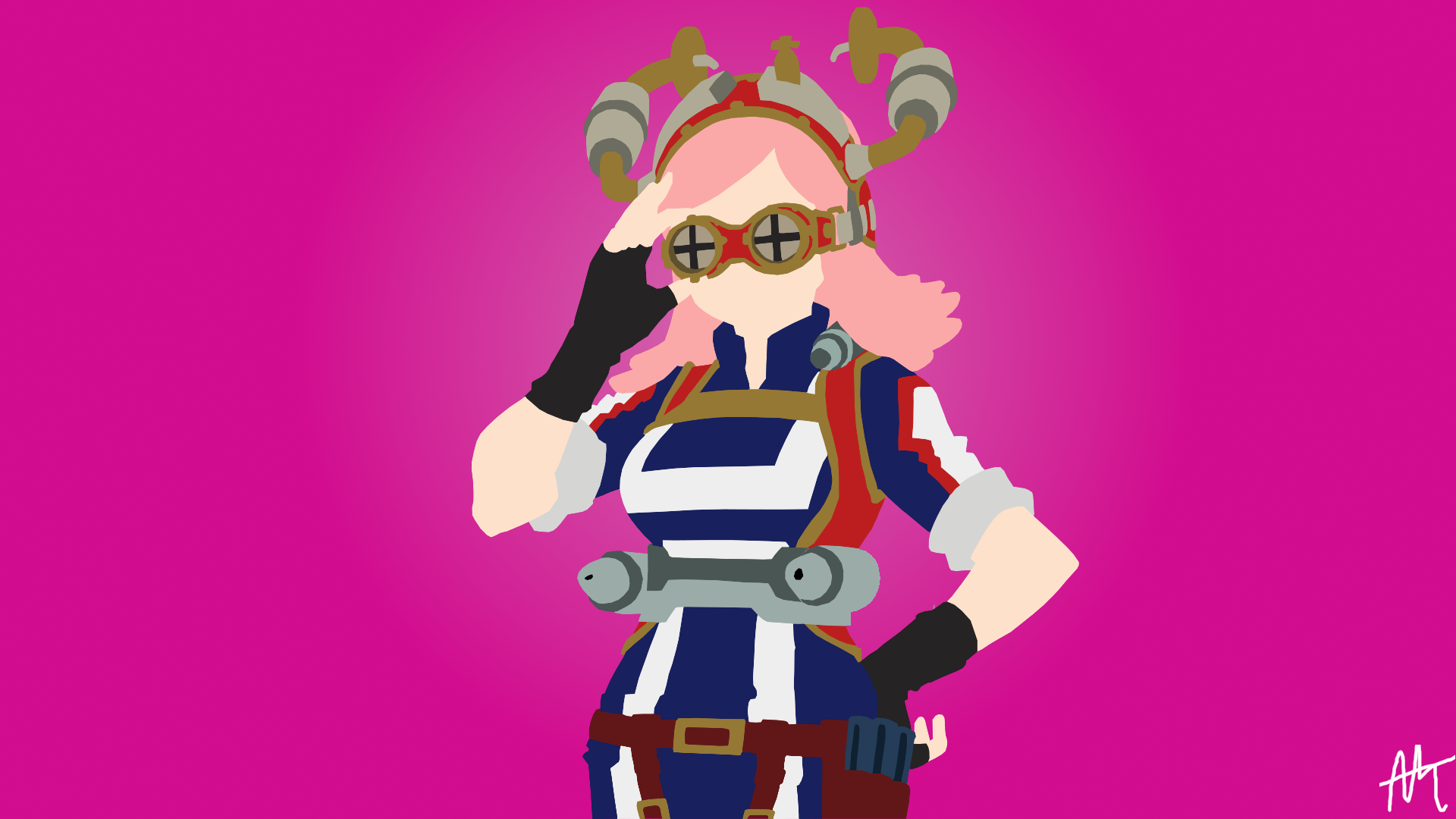 HD PC desktop wallpaper featuring Mei Hatsume from the anime My Hero Academia, depicted with her signature goggles and pink hair against a vibrant magenta background.