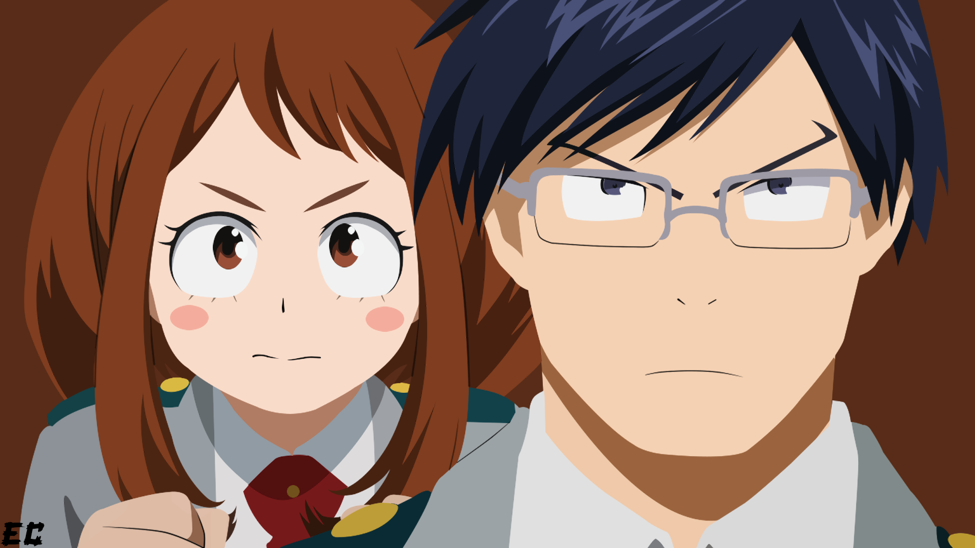 HD PC desktop wallpaper of Ochaco Uraraka and Tenya Iida from My Hero Academia, close-up with determined expressions in their school uniforms.