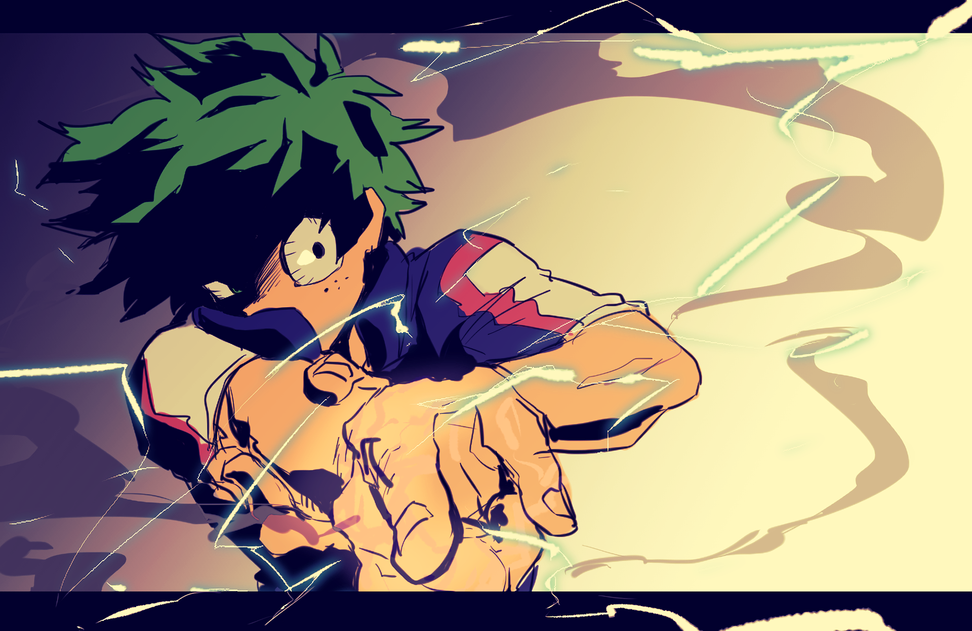 HD PC desktop wallpaper featuring Izuku Midoriya from My Hero Academia in an intense action pose with dynamic lighting and electric effects.