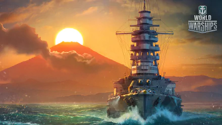 HD PC wallpaper from the video game World of Warships: a battleship cuts through choppy seas at sunset, waves crashing, with a glowing sun sinking behind a distant mountain.