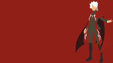 Minimalist HD desktop wallpaper featuring Shirou Kotomine from the anime Fate/Apocrypha, depicted as a priest against a solid red background.